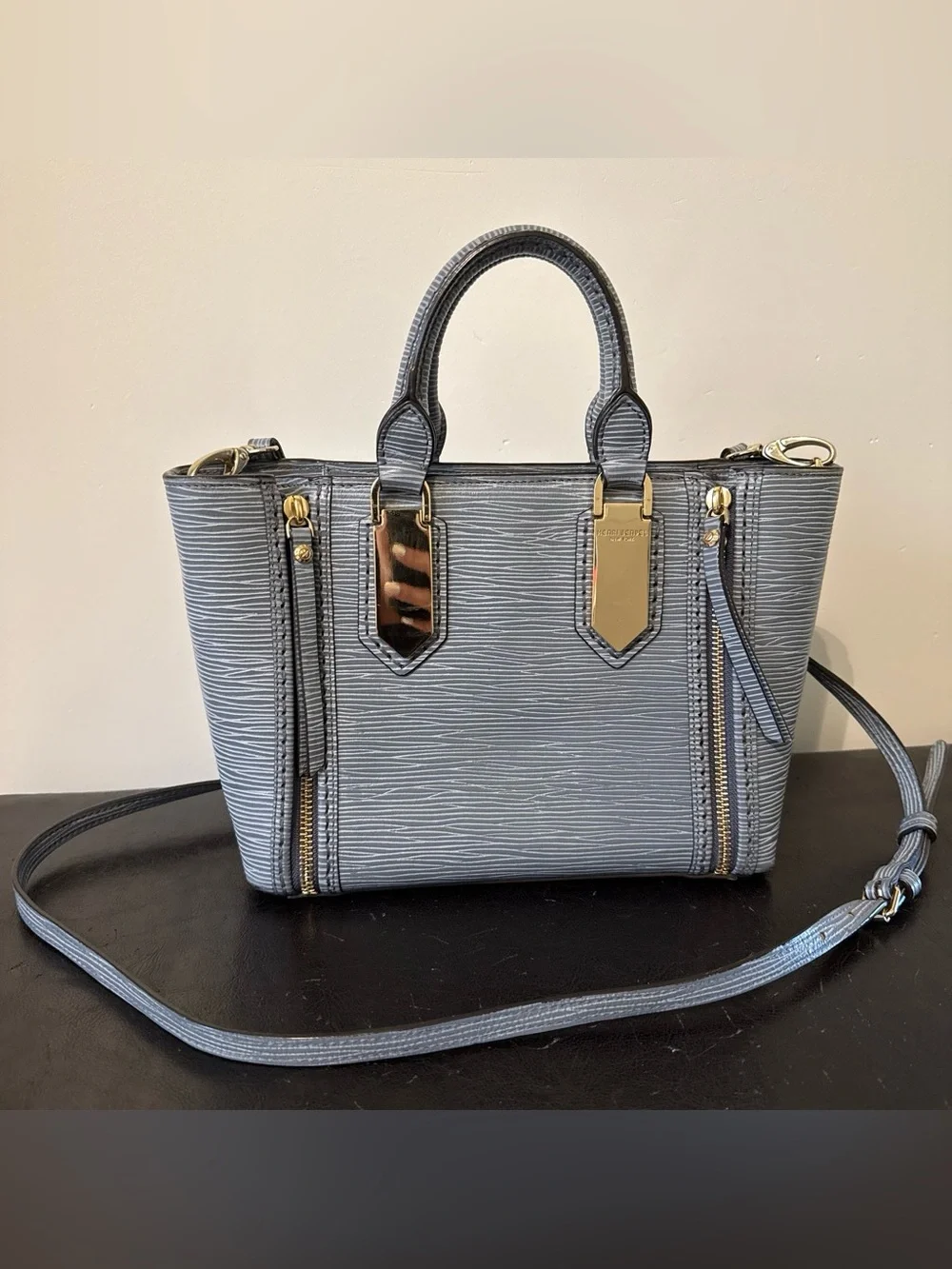 Henri Bendel A List Mini Light Blue Textured Leather Satchel with Gold Hardware